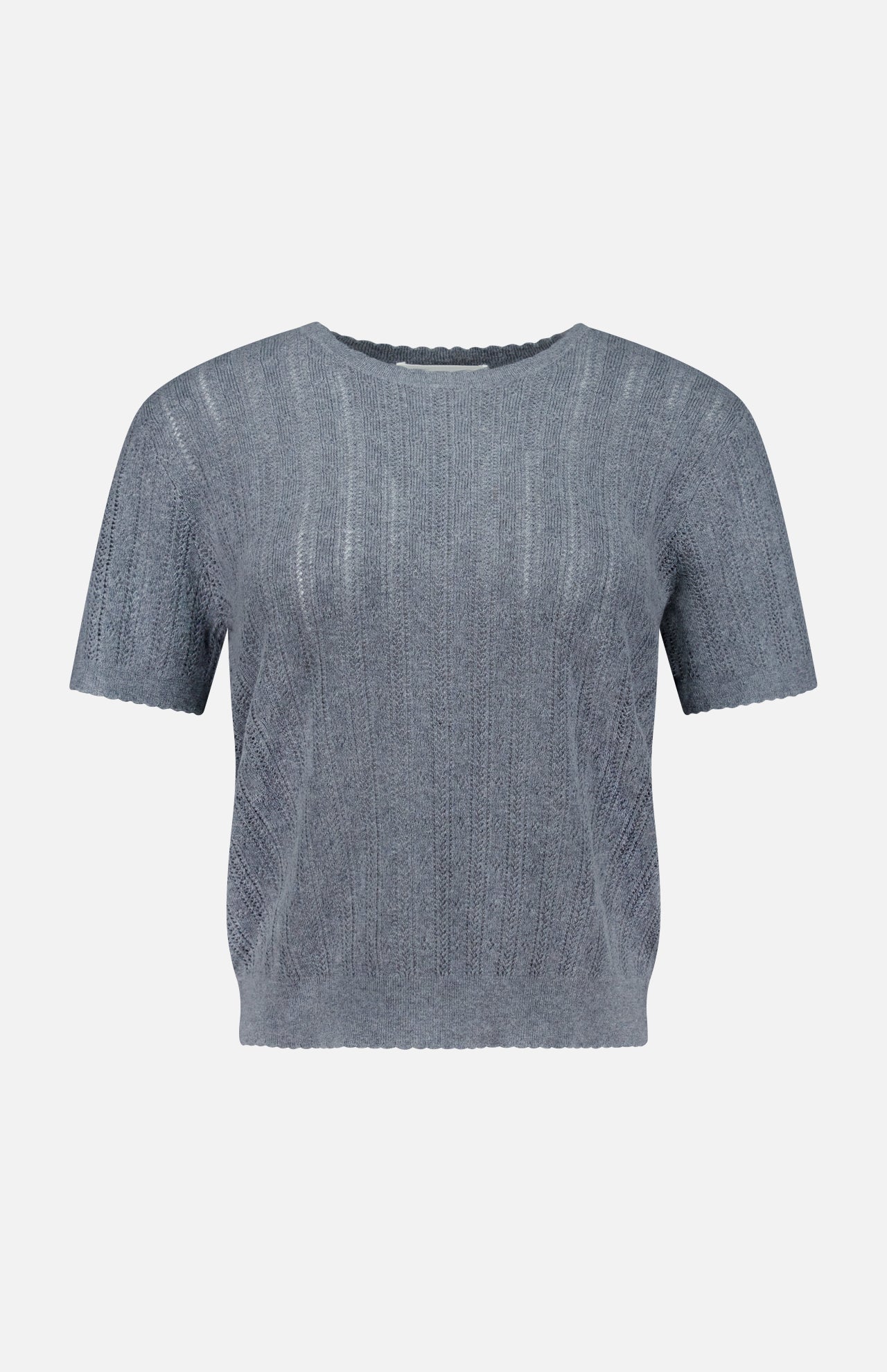 The Suyin T-Shirt by LISA YANG is a short-sleeved, light gray knitted cashmere top featuring a round neckline and a subtle vertical ribbed pattern, shown on a plain white background.