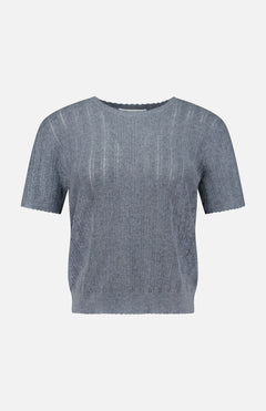 The Suyin T-Shirt by LISA YANG is a short-sleeved, light gray knitted cashmere top featuring a round neckline and a subtle vertical ribbed pattern, shown on a plain white background.