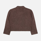 The Tarie Sparkle Sweater by LISA YANG, a brown, long-sleeved knit cashmere piece, is laid flat with the back facing up. It features a ribbed hem, cuffs, and collar in a cropped silhouette—capturing timeless luxury knitwear with a subtle Scandinavian aesthetic.