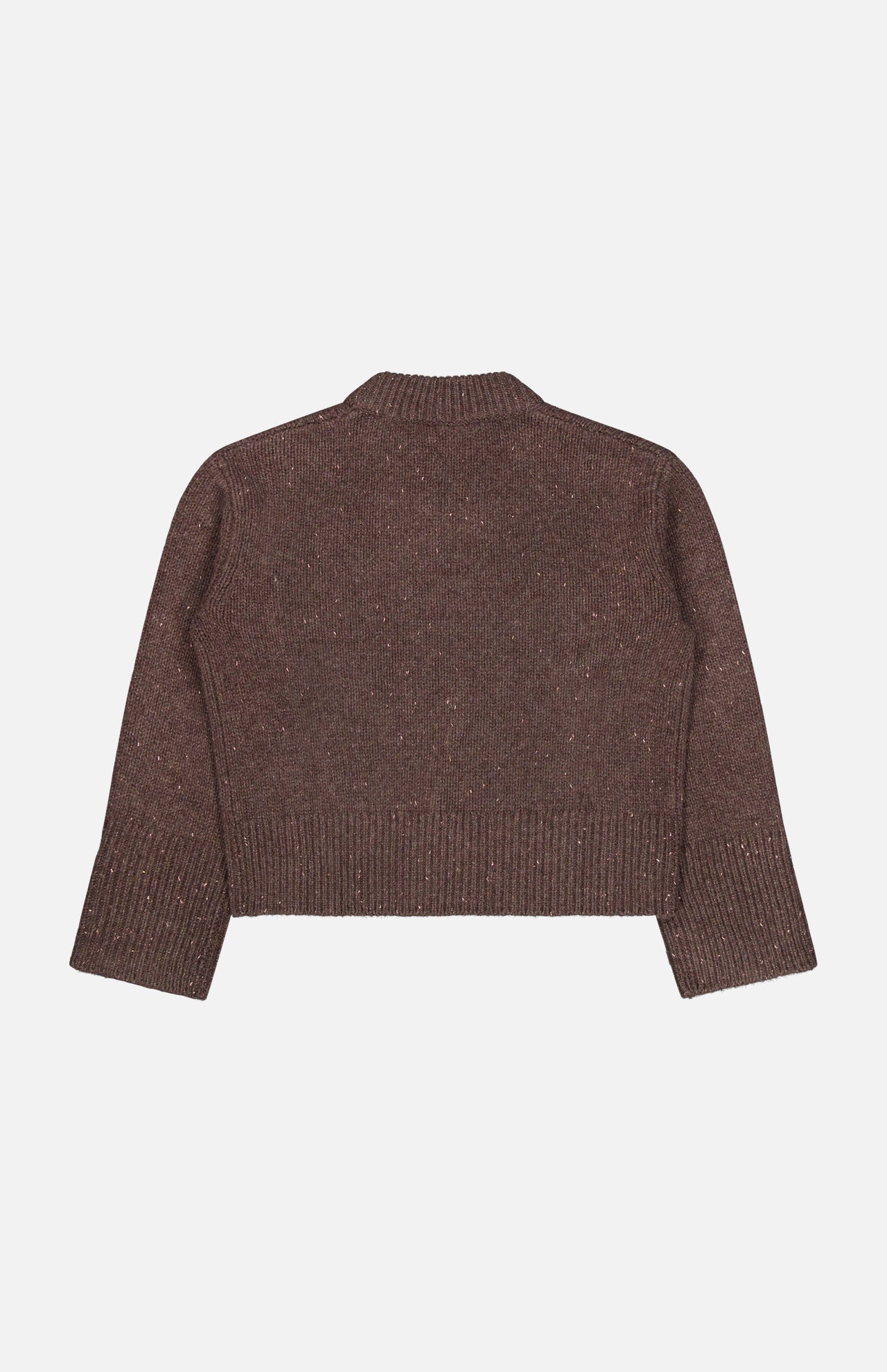 The Tarie Sparkle Sweater by LISA YANG, a brown, long-sleeved knit cashmere piece, is laid flat with the back facing up. It features a ribbed hem, cuffs, and collar in a cropped silhouette—capturing timeless luxury knitwear with a subtle Scandinavian aesthetic.