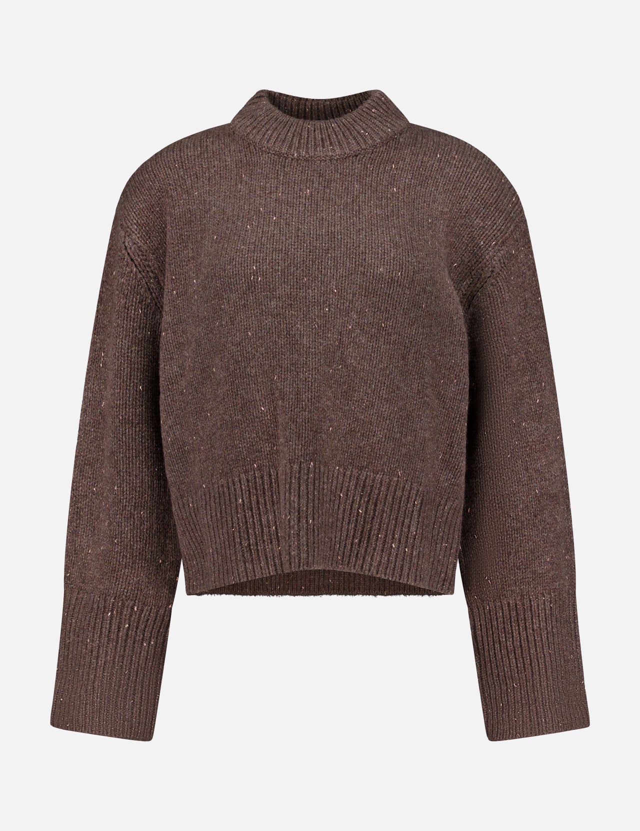 The Tarie Sparkle Sweater by LISA YANG is a brown, long-sleeve, knitted cashmere piece featuring ribbed detailing at the crew neckline, cuffs, and hem. Displayed against a plain white background, this luxurious sweater is an ideal choice for those who admire refined Scandinavian-inspired knitwear.