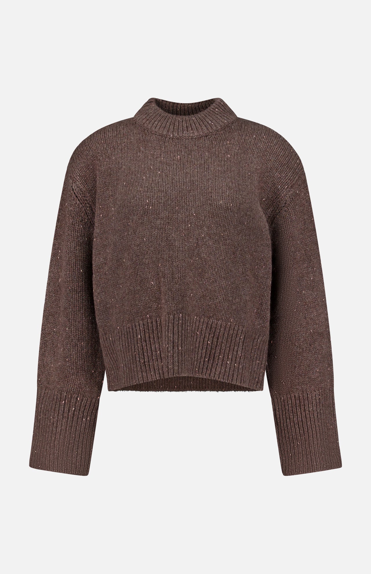 The Tarie Sparkle Sweater by LISA YANG is a brown, long-sleeve, knitted cashmere piece featuring ribbed detailing at the crew neckline, cuffs, and hem. Displayed against a plain white background, this luxurious sweater is an ideal choice for those who admire refined Scandinavian-inspired knitwear.