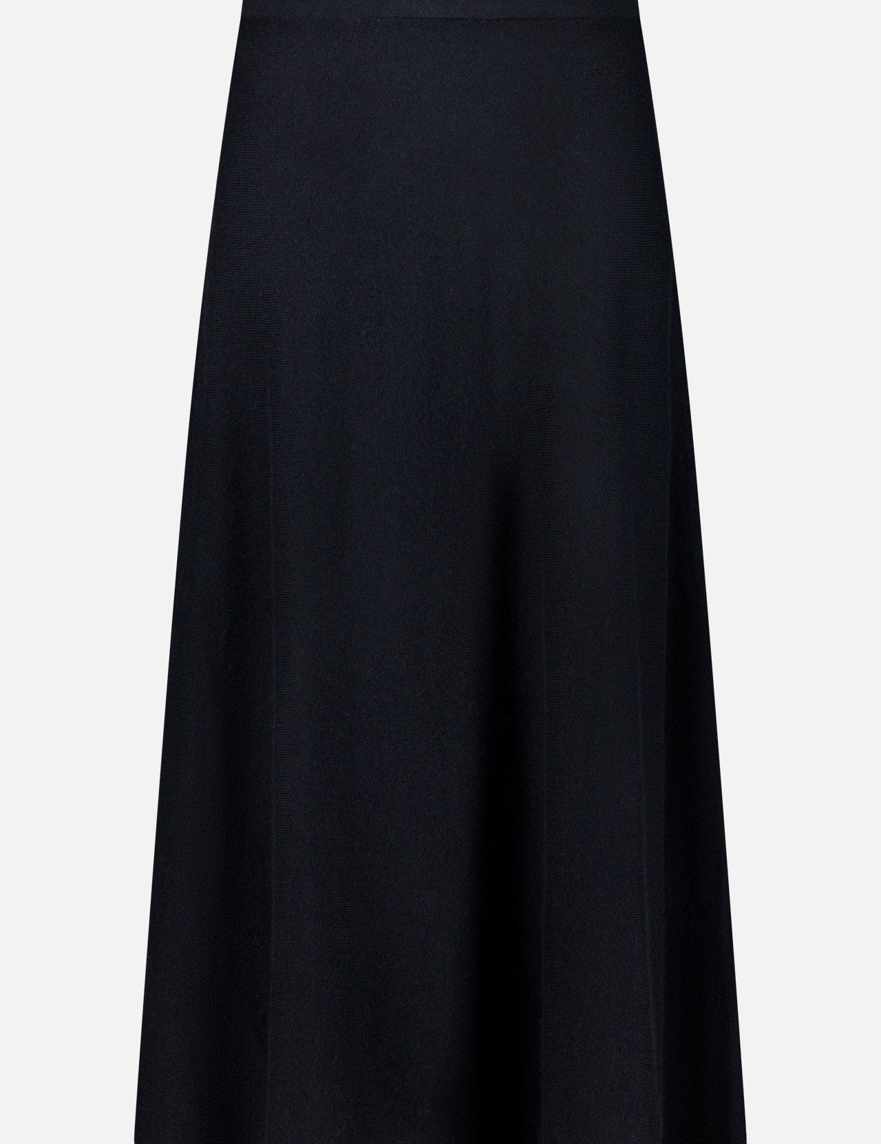 The LISA YANG Torie Flared Cashmere Skirt features a smooth, luxurious knit with an A-line silhouette, an elastic waistband, and a simple knee-length design. Shown against a white background, this elegant black skirt embodies timeless sophistication.