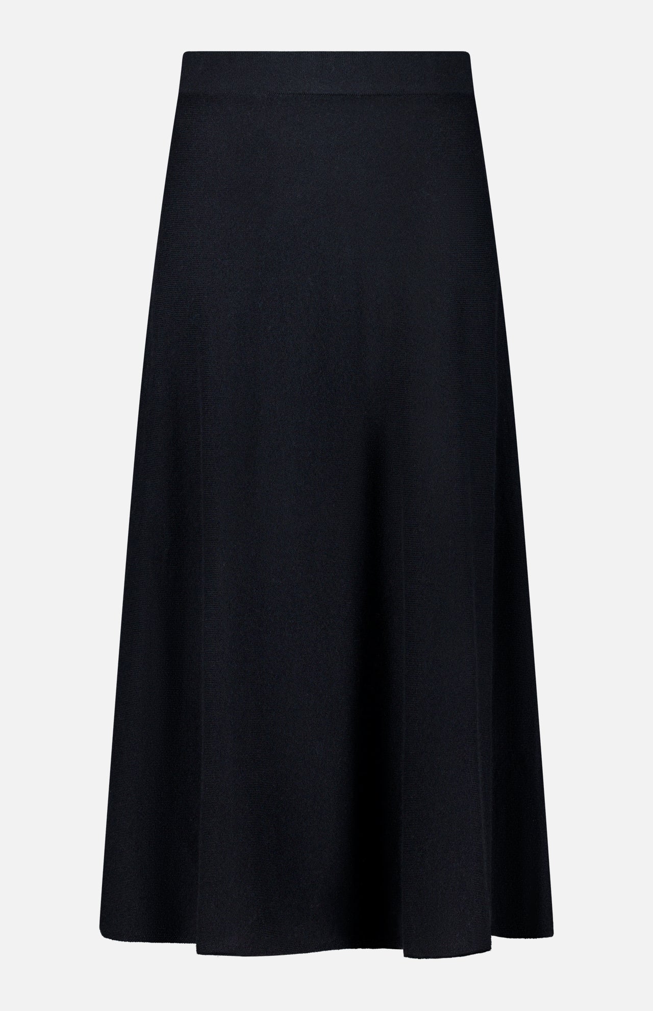 The LISA YANG Torie Flared Cashmere Skirt features a smooth, luxurious knit with an A-line silhouette, an elastic waistband, and a simple knee-length design. Shown against a white background, this elegant black skirt embodies timeless sophistication.