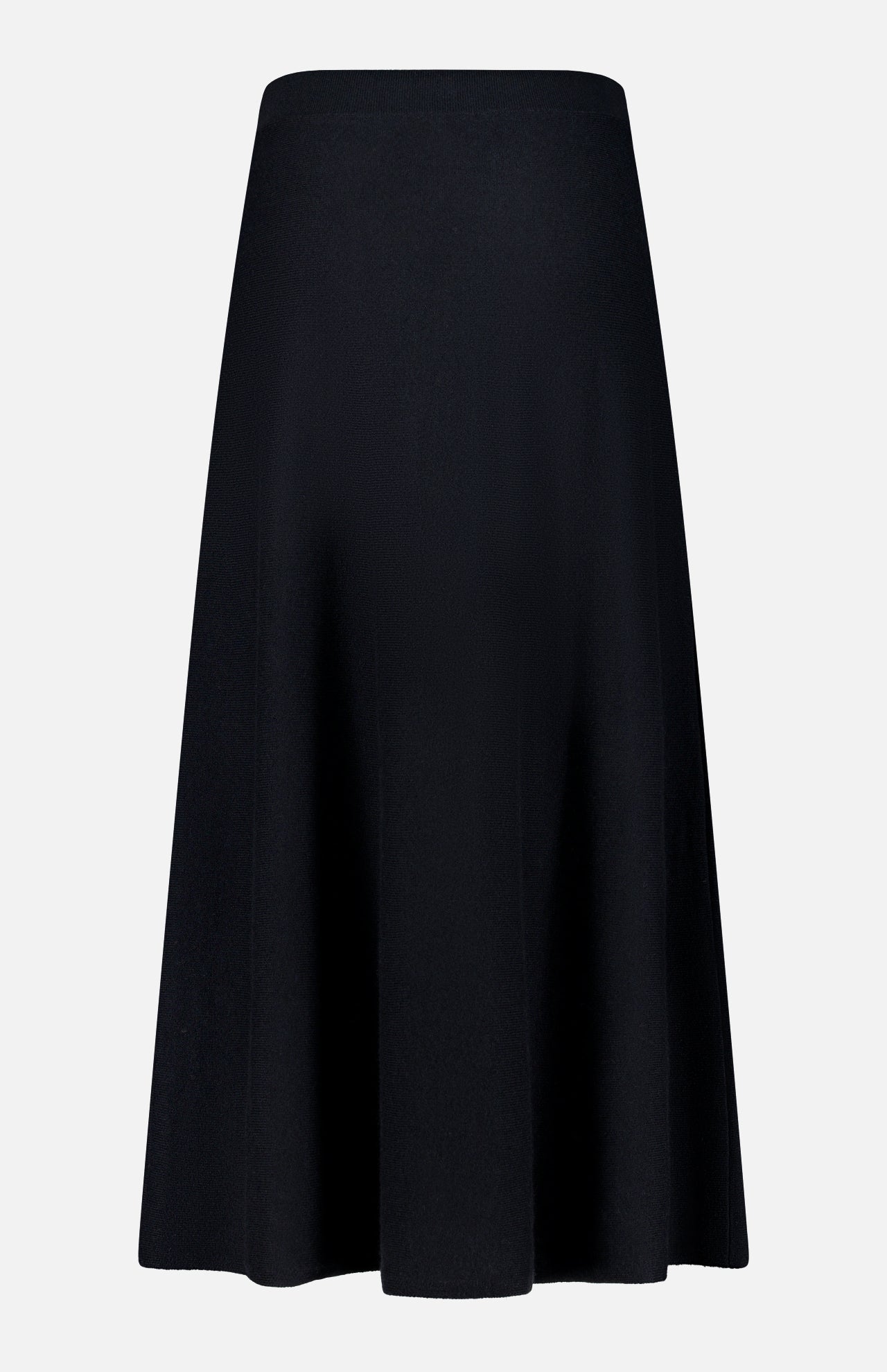 The LISA YANG Torie Flared Cashmere Skirt is shown against a plain white background. This skirt features a sleek, classic silhouette with a smooth texture and a subtly flared hem, highlighting the refined elegance of luxury knitwear.
