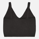The Violia Cashmere Tank Top by LISA YANG is a black, sleeveless, ribbed knit bralette featuring wide shoulder straps and a v-neckline, displayed flat against a white background.