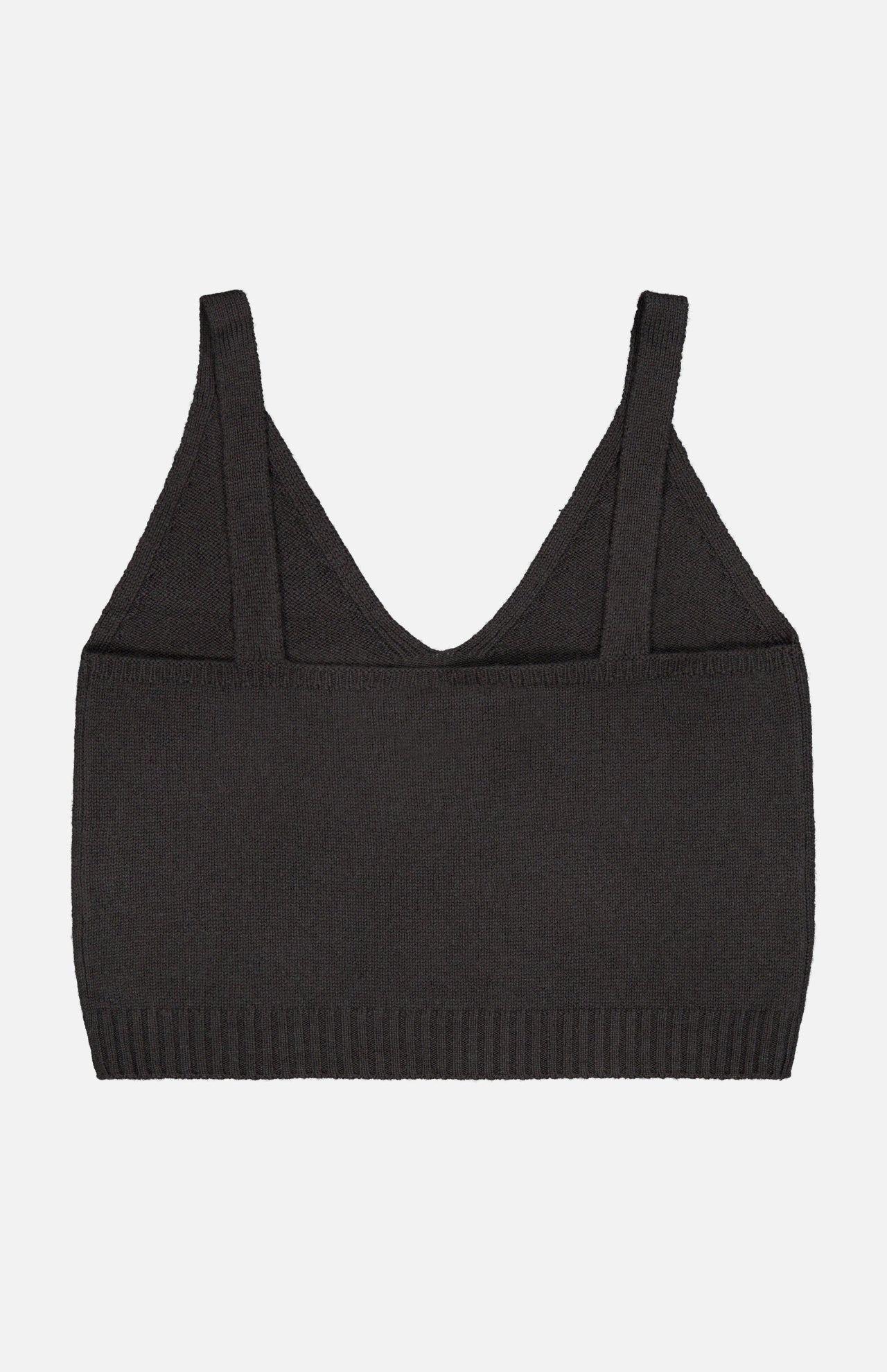 The Violia Cashmere Tank Top by LISA YANG is a black, sleeveless, ribbed knit bralette featuring wide shoulder straps and a v-neckline, displayed flat against a white background.