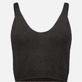 The Violia Cashmere Tank Top by LISA YANG, featuring thick shoulder straps, a v-neckline, and a ribbed hem in dark brown, is displayed against a plain white background.