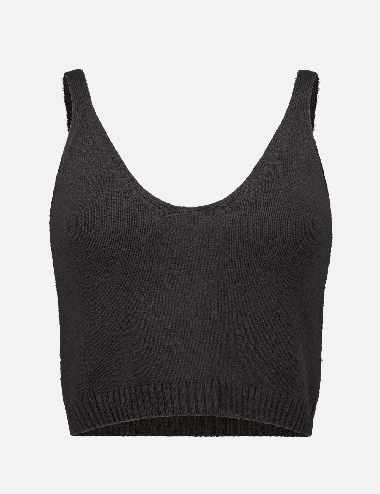 The Violia Cashmere Tank Top by LISA YANG, featuring thick shoulder straps, a v-neckline, and a ribbed hem in dark brown, is displayed against a plain white background.