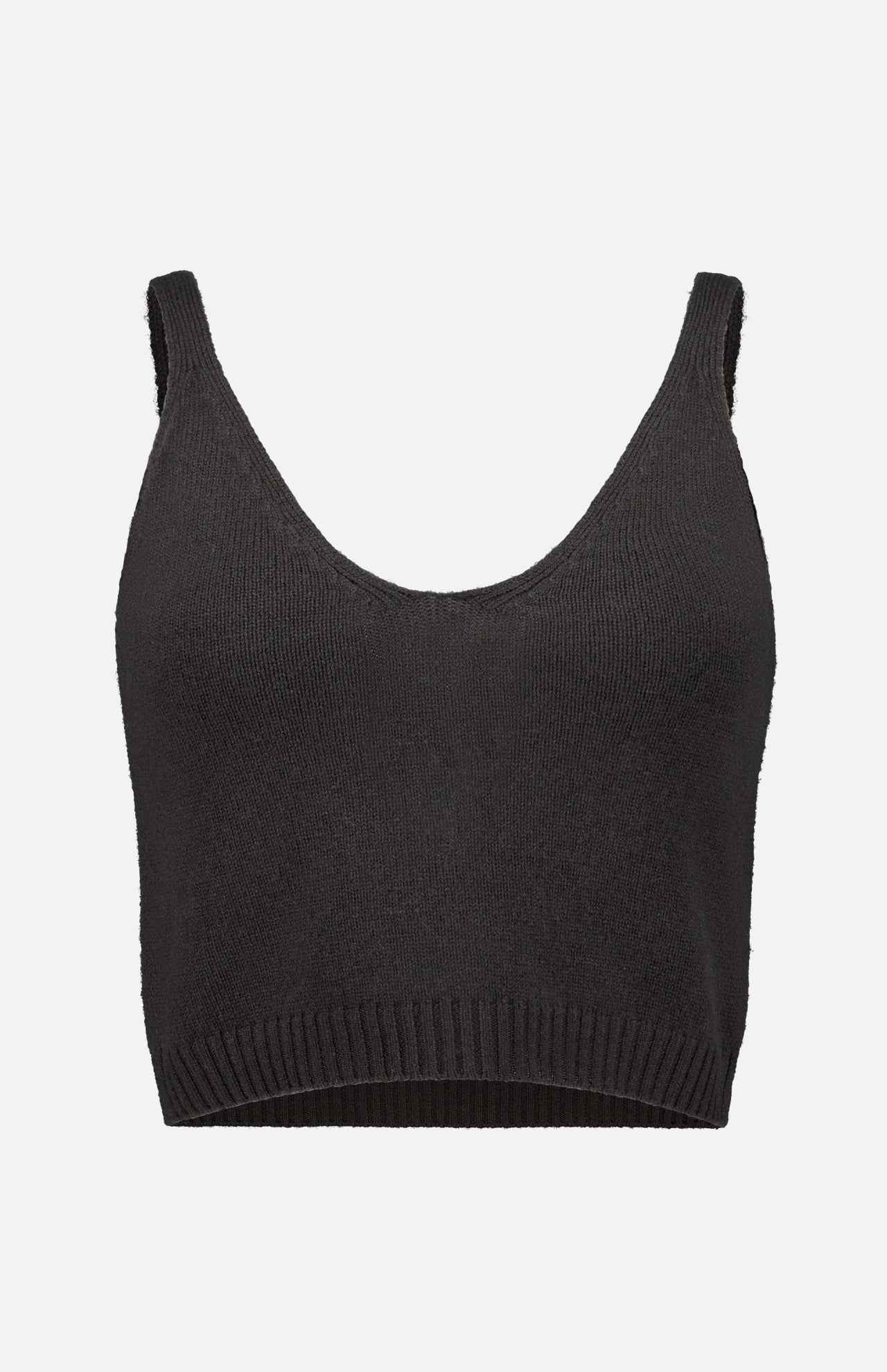 The Violia Cashmere Tank Top by LISA YANG, featuring thick shoulder straps, a v-neckline, and a ribbed hem in dark brown, is displayed against a plain white background.