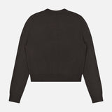 The LISA YANG Wilona Cardigan Sweater is displayed laid flat, viewed from the back, showcasing its crew neckline and ribbed cuffs and hem against a white background.