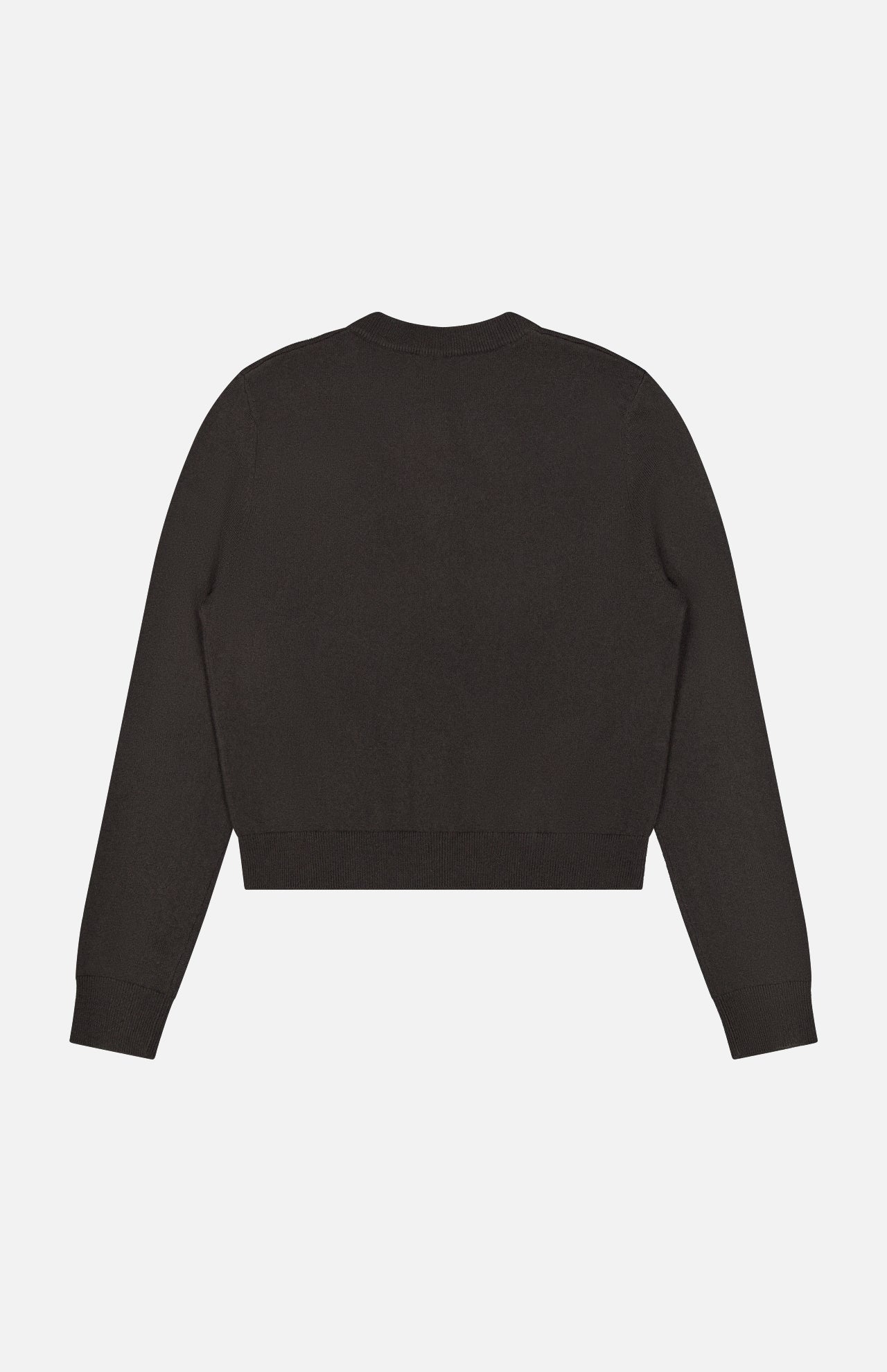 The LISA YANG Wilona Cardigan Sweater is displayed laid flat, viewed from the back, showcasing its crew neckline and ribbed cuffs and hem against a white background.