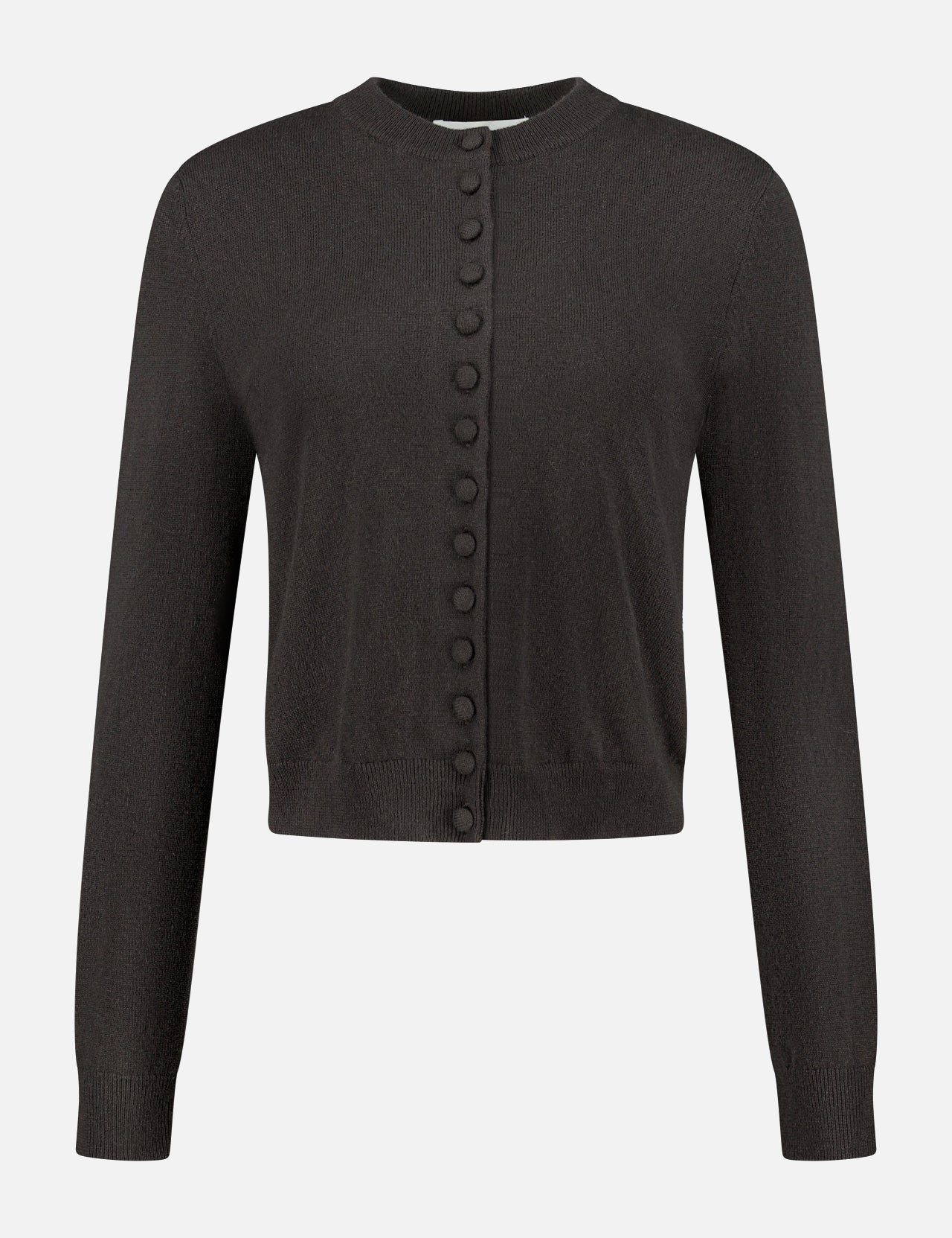 The Wilona Cardigan Sweater by LISA YANG is a black cropped cashmere cardigan with long sleeves and a crew neckline, detailed with a row of matching fabric-covered buttons down the front. Crafted from luxurious cashmere, this simple yet elegant design is finished with ribbed cuffs and hem for a refined touch.