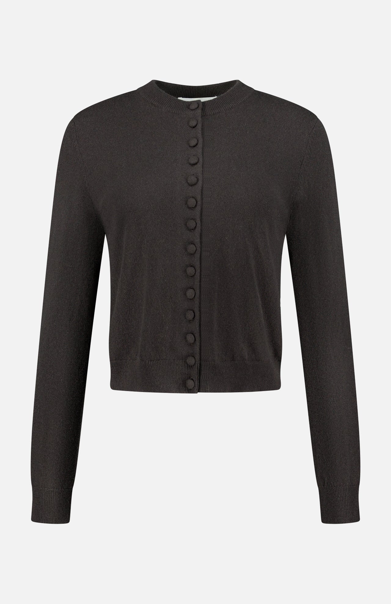 The Wilona Cardigan Sweater by LISA YANG is a black cropped cashmere cardigan with long sleeves and a crew neckline, detailed with a row of matching fabric-covered buttons down the front. Crafted from luxurious cashmere, this simple yet elegant design is finished with ribbed cuffs and hem for a refined touch.