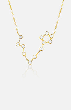 The LOGAN HOLLOWELL Pisces Diamond Constellation Necklace features a delicate gold chain and a pendant shaped like the Pisces constellation, accented with sparkling diamonds at each star point—a refined zodiac jewelry piece.