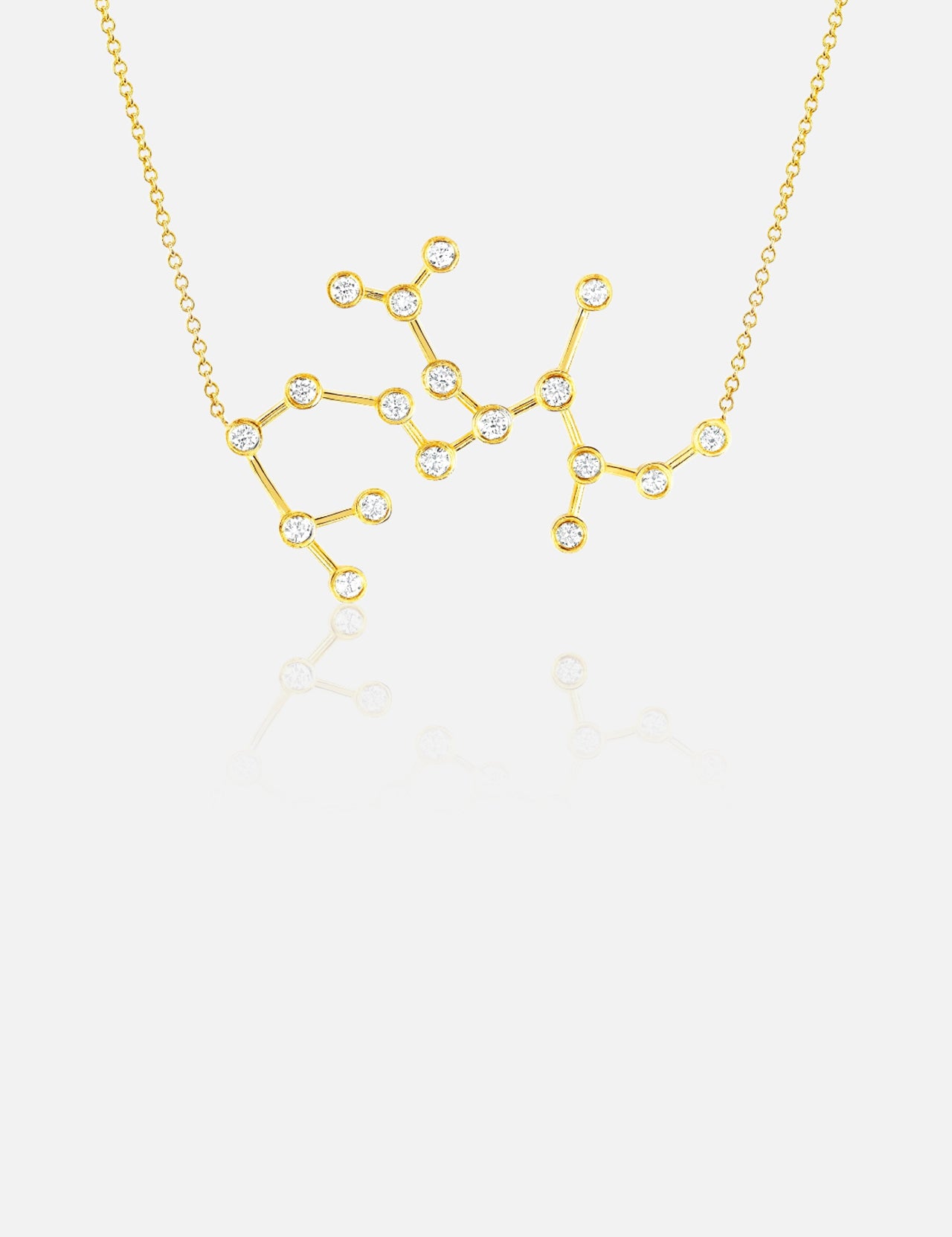 The LOGAN HOLLOWELL Sagittarius Diamond Constellation Necklace is crafted in yellow gold, featuring a diamond constellation pendant accented with round gems at each star point, displayed on a plain white background.