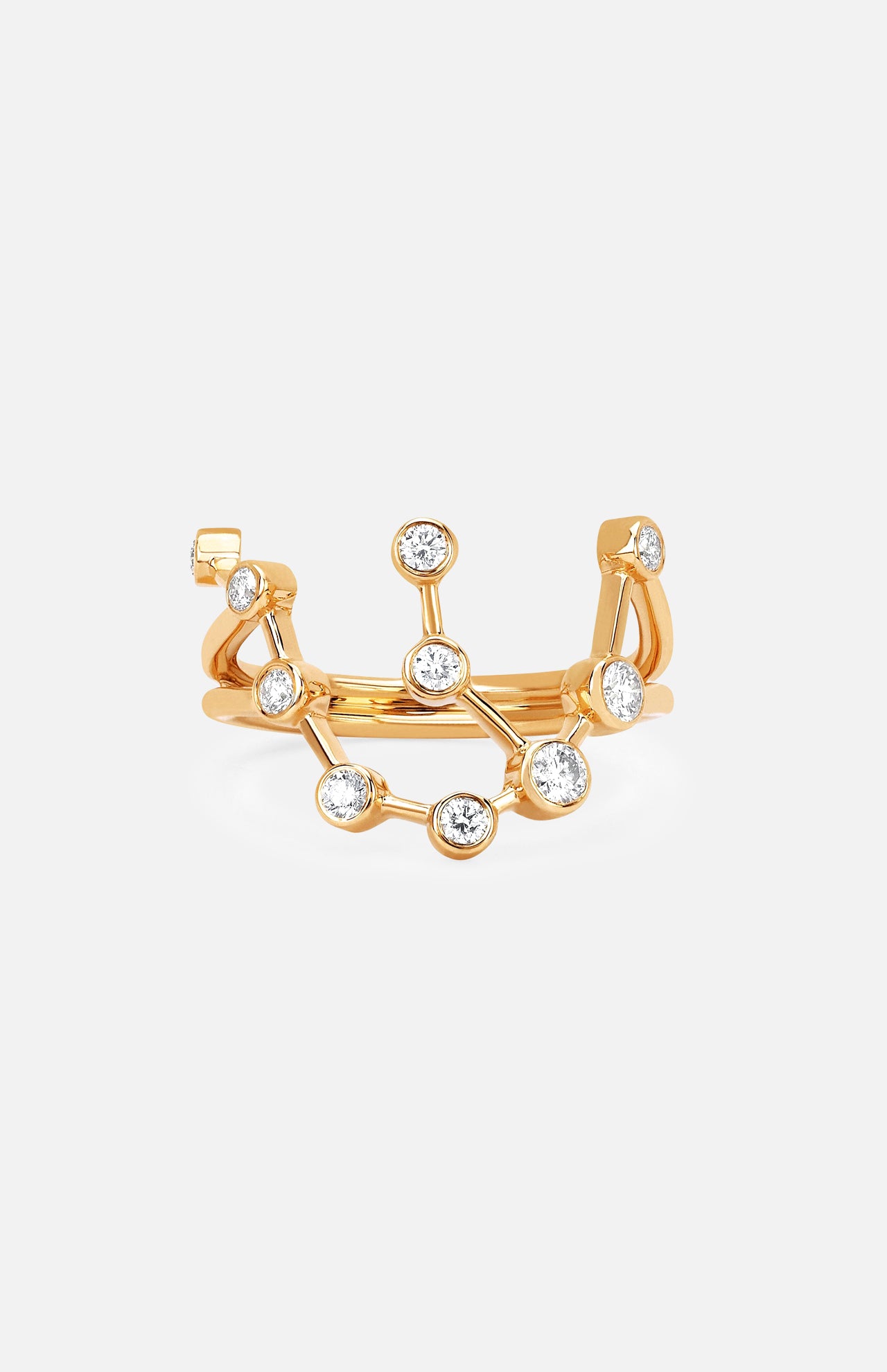 The LOGAN HOLLOWELL Aquarius Constellation Ring in 14k gold features multiple small round white gemstones set at the star points, shown on a plain white background—a unique jewelry piece for astrology lovers.