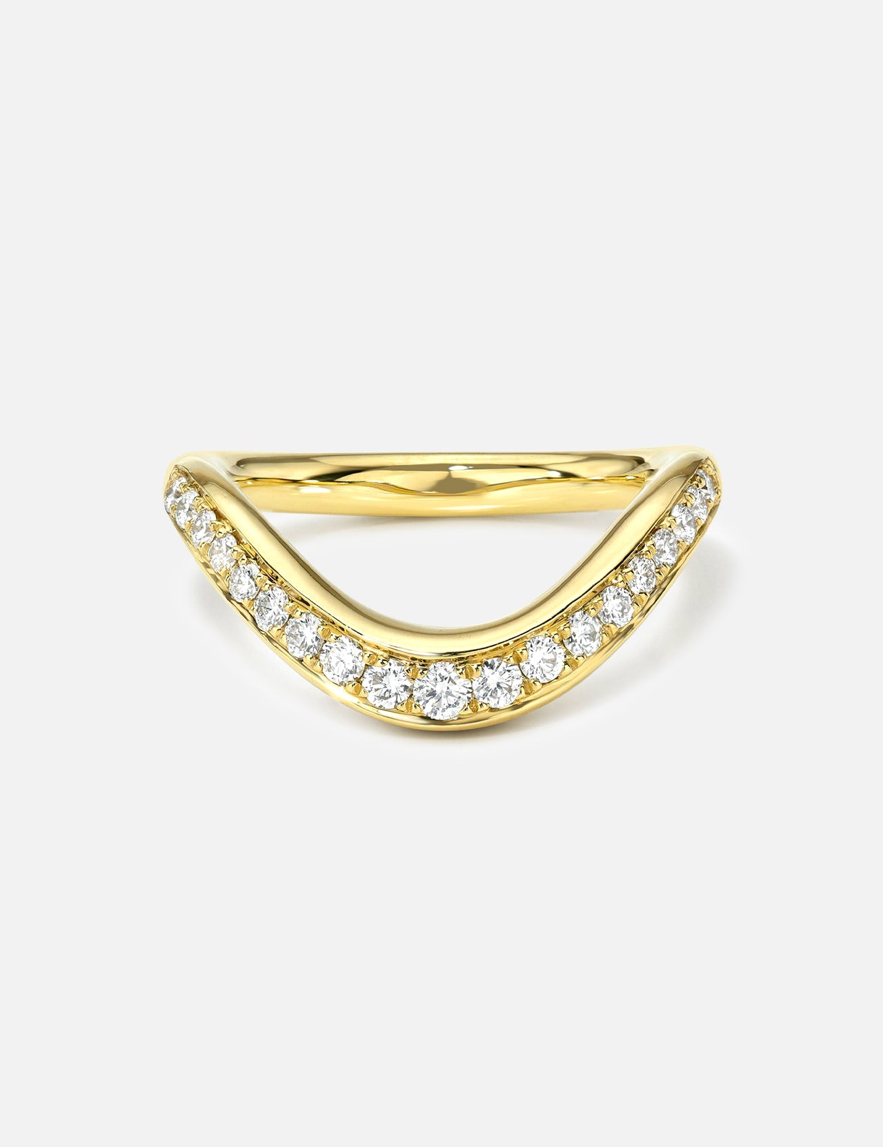 The LOGAN HOLLOWELL Enigma Channel Band Ring features a curved V-shaped band in 18k yellow gold, adorned with a row of sparkling round diamonds, shown against a plain white background.