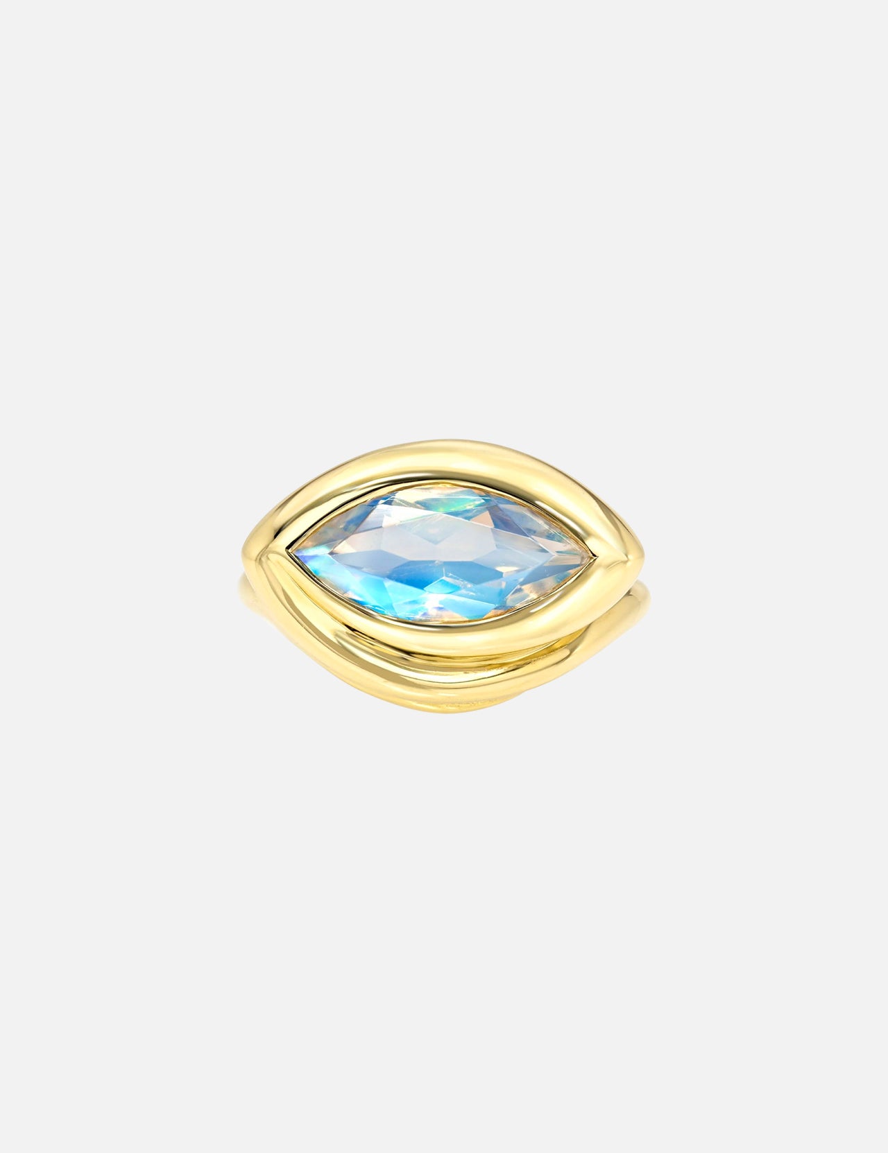 The LOGAN HOLLOWELL Enigma Eye Marquise Moonstone Ring features an iridescent marquise-cut moonstone set horizontally in a modern yellow gold band, shown against a plain white background.