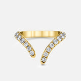 The LOGAN HOLLOWELL French Pavé Diamond Tusk Ring features a 14k yellow gold open band in a distinctive V-shape, accented with small round diamonds along the top edges and showcased against a light gray background.