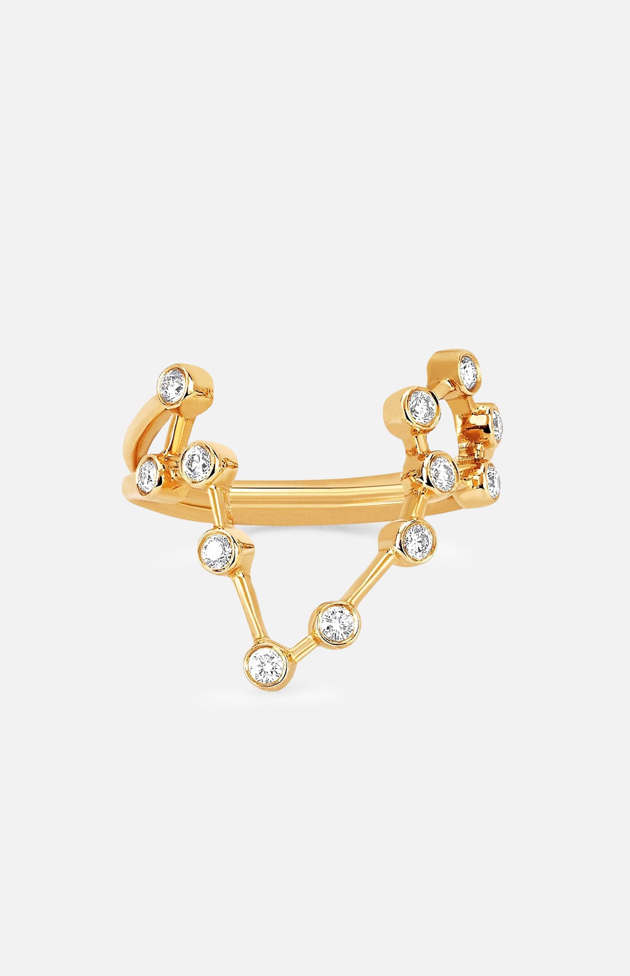 The LOGAN HOLLOWELL Pisces Diamond Constellation Ring features two delicate gold bands linked by sparkling diamonds in a celestial zodiac pattern—ideal for astrology jewelry lovers.