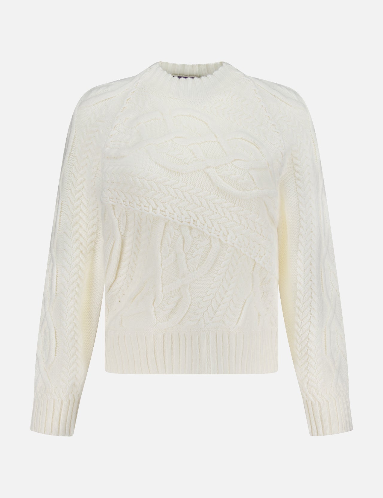 The RALPH LAUREN COLLECTION Long Sleeve Pullover Sweater features a cream cable-knit design, crew neck, ribbed cuffs and hem, and a textured Aran pattern on the front. Shown on a plain white background.