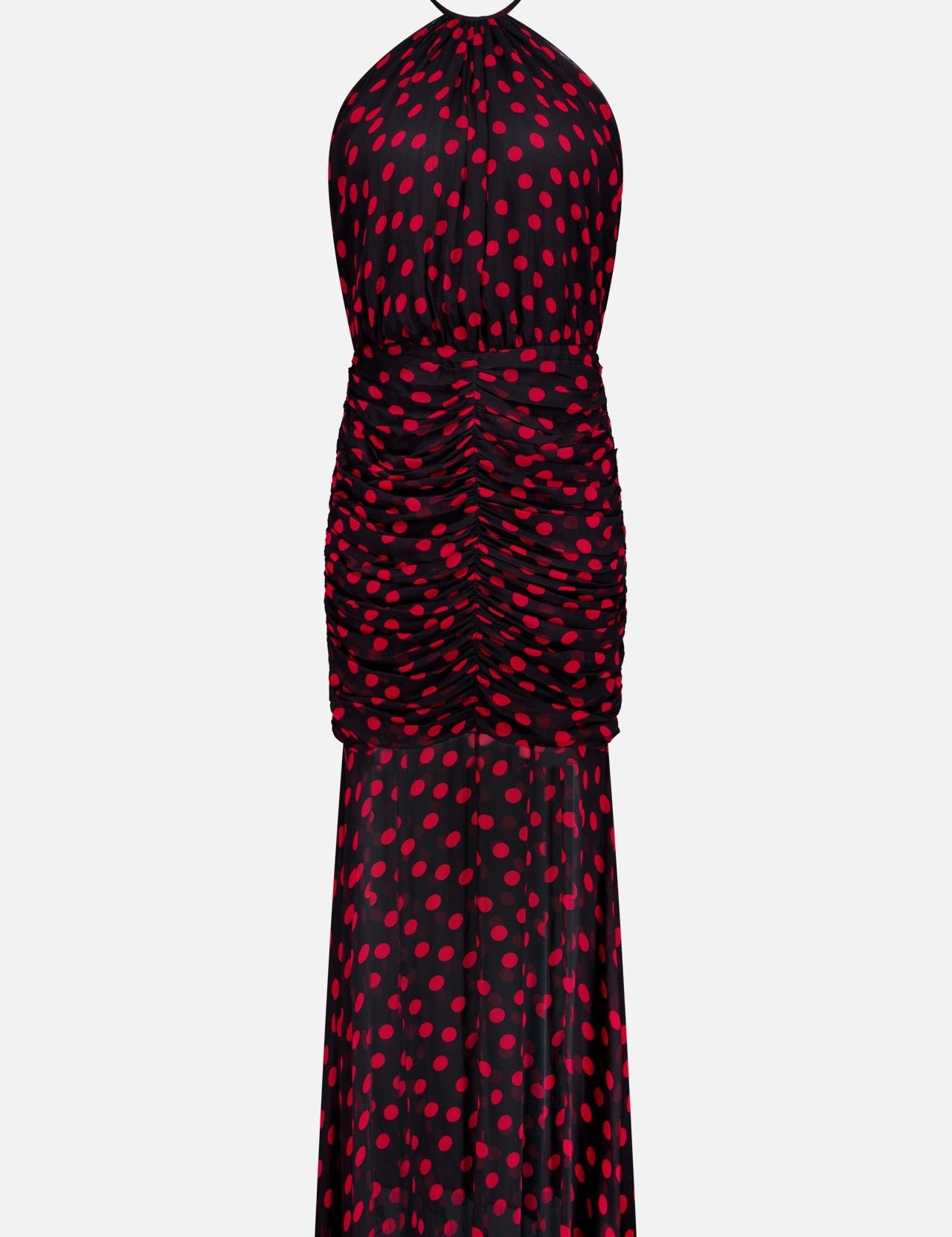 The Lovisa Polka Dot Maxi Dress by RONNY KOBO is a chic sleeveless black dress with a halter neck, ruched midsection, and bold red polka dots—perfect for any occasion.