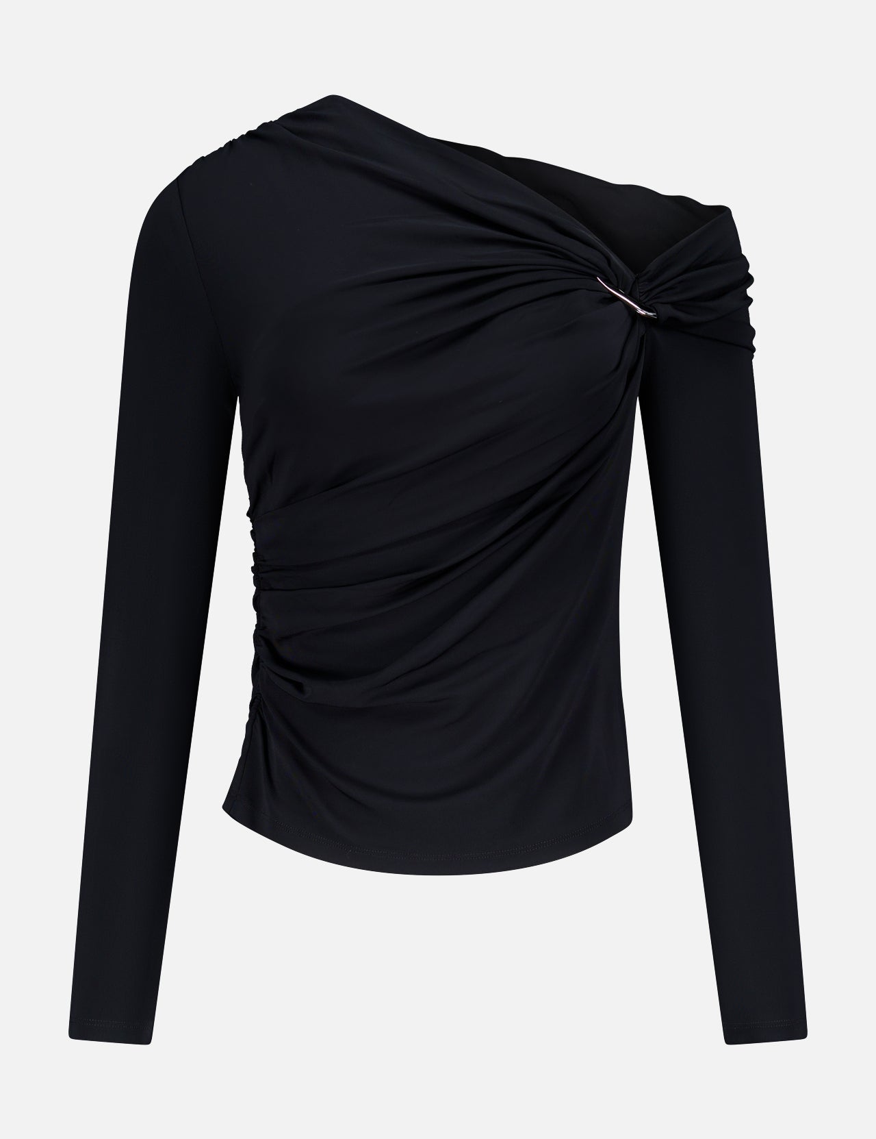 The Lozea One Shoulder Ruched Top by VERONICA BEARD is a black stretch jersey top with long sleeves, an asymmetrical off-shoulder design, and twisted ruching at one shoulder for a modern, draped look.