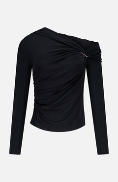 The Lozea One Shoulder Ruched Top by VERONICA BEARD is a black stretch jersey top with long sleeves, an asymmetrical off-shoulder design, and twisted ruching at one shoulder for a modern, draped look.