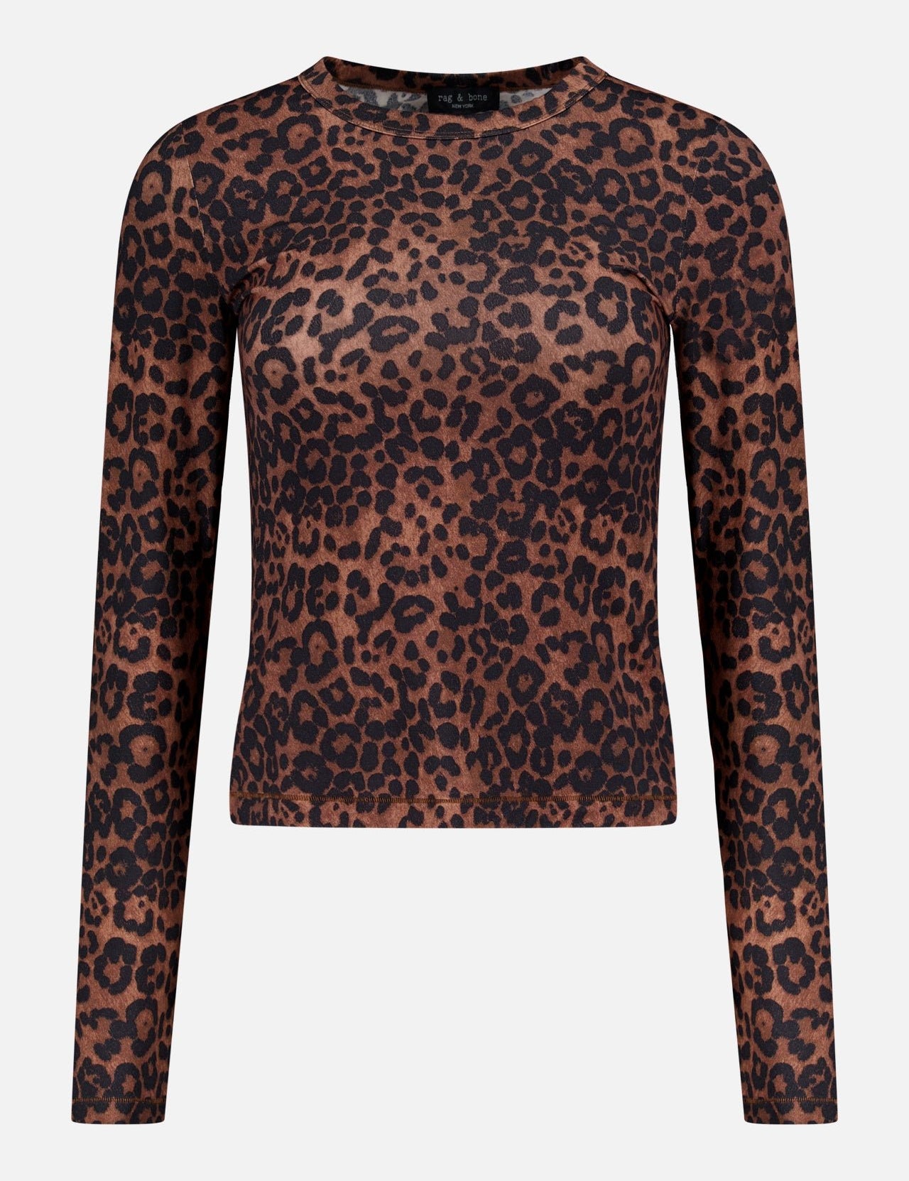 The RAG & BONE Luca Printed Long Sleeve Shirt is a fitted women’s tee crafted from stretch fabric, featuring a brown and black leopard print on a light background, with a round neckline and straight hem.