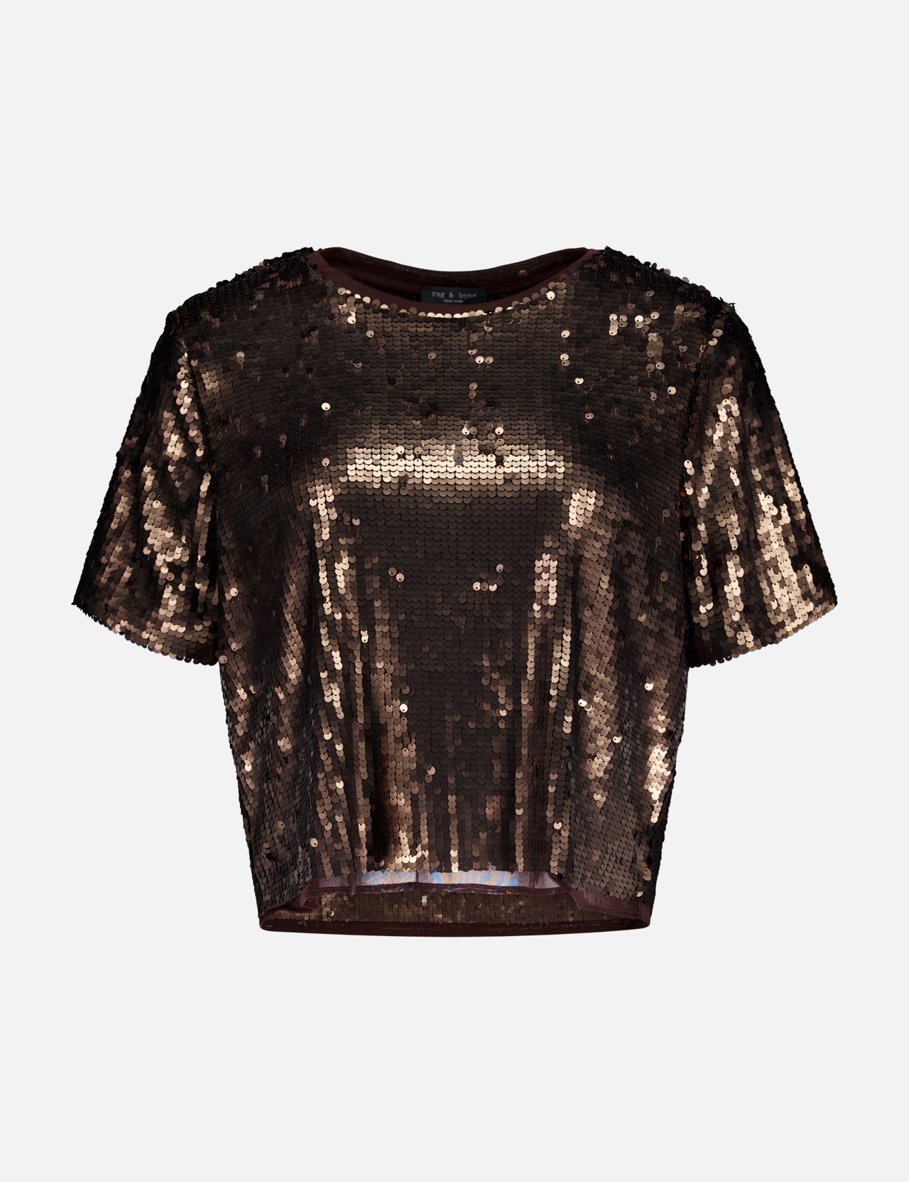 The Lucy Sequin T-shirt by RAG & BONE features a chocolate brown fitted crop design with short sleeves, a round neckline, and is embellished with shimmering brown and gold sequins. Perfect for parties, shown on a plain white background.