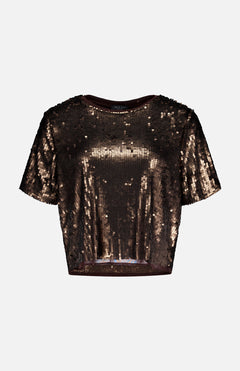 The Lucy Sequin T-shirt by RAG & BONE features a chocolate brown fitted crop design with short sleeves, a round neckline, and is embellished with shimmering brown and gold sequins. Perfect for parties, shown on a plain white background.