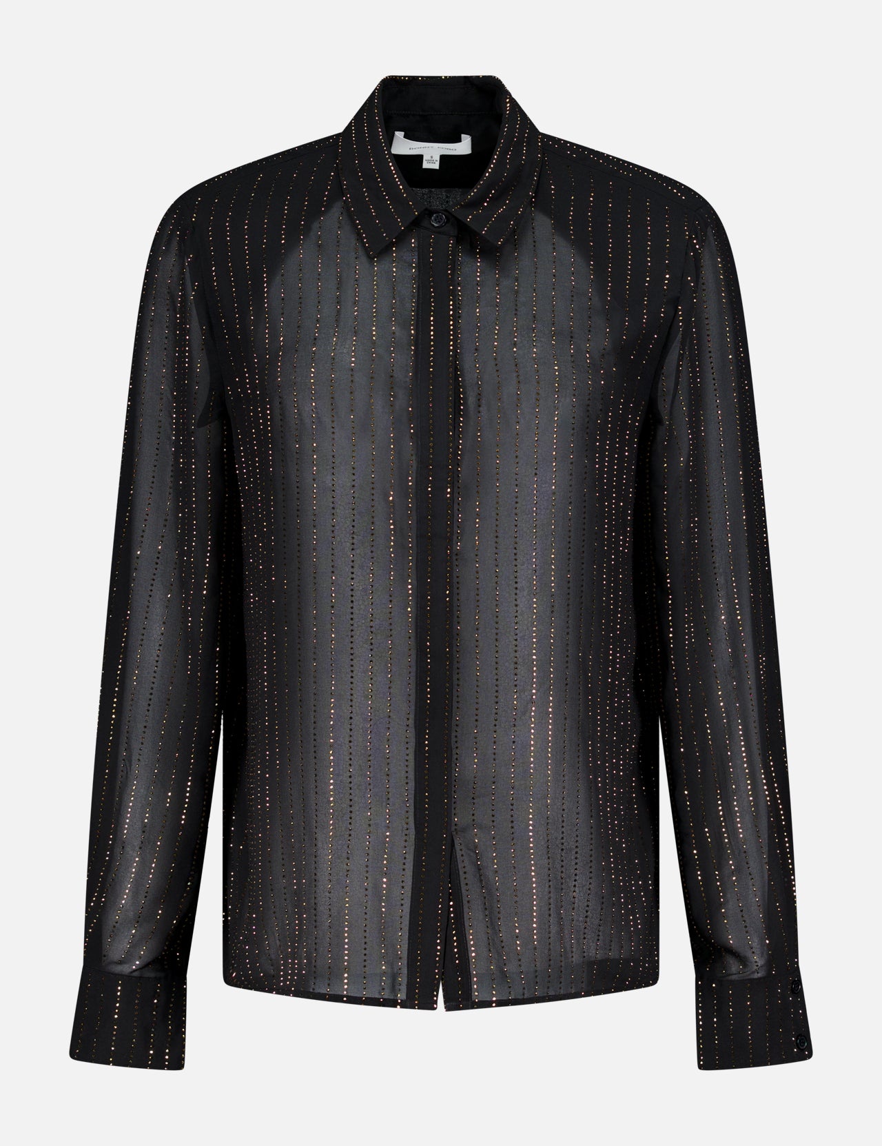 The RONNY KOBO Lune Sheer Sparkle Stripe Blouse is a black long-sleeve, collared, button-down top with vertical shimmering stripes, shown against a plain light gray background.