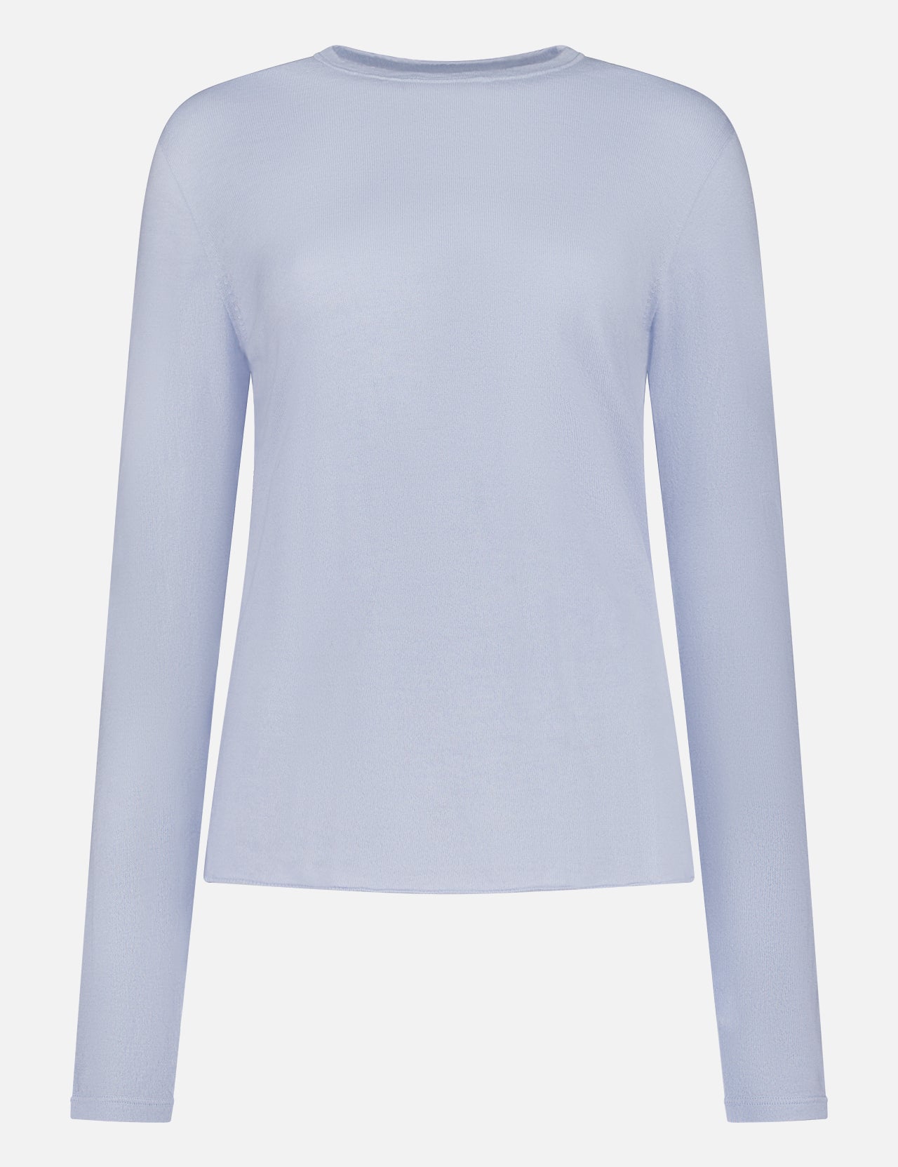 The MAJESTIC FILATURES 100% Machine Washable Cashmere Long Sleeve Top is a plain, light blue crew neck shirt crafted from lightweight cashmere, shown on a white background.