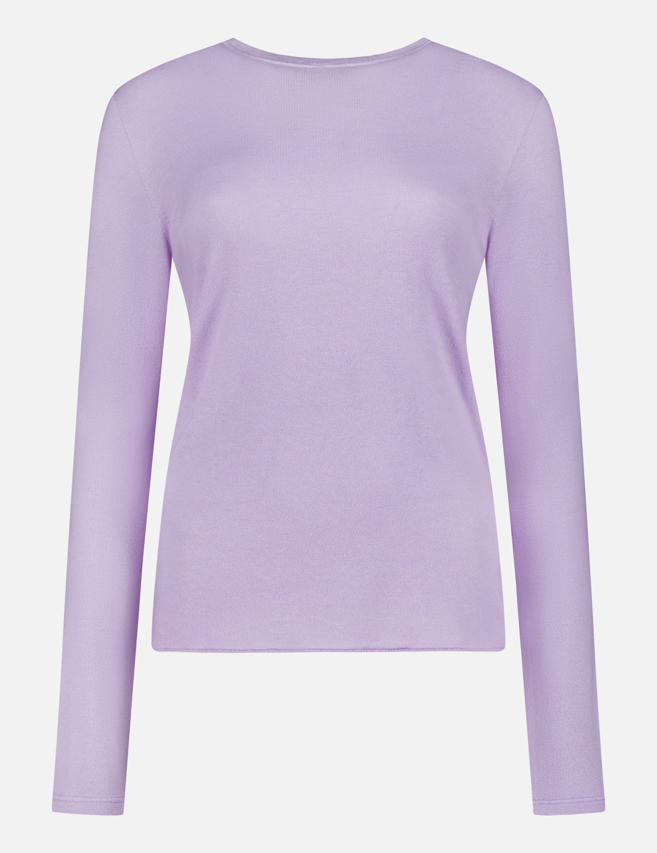 The MAJESTIC FILATURES 100% Machine Washable Cashmere Long Sleeve Top features a classic crew neck silhouette in lavender, blending comfort and style for women. Displayed on a white background.