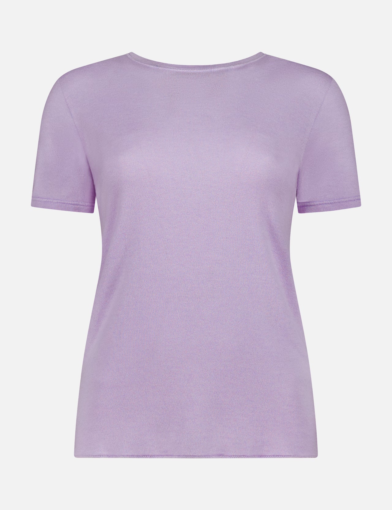 The MAJESTIC FILATURES 100% Machine Washable Cashmere T-shirt for women features a plain lavender design with short sleeves, shown on a white background.