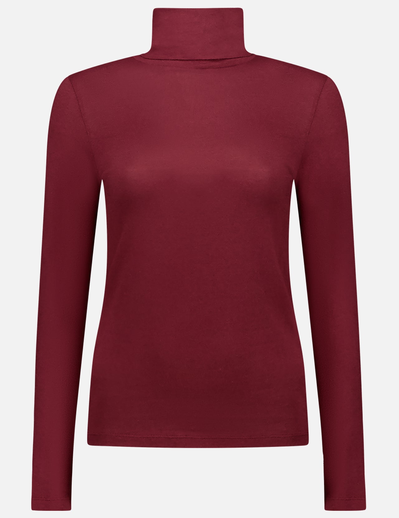 The MAJESTIC FILATURES Cotton Cashmere Long Sleeve Turtleneck in burgundy features a fitted silhouette and Parisian flair, shown against a plain white background.