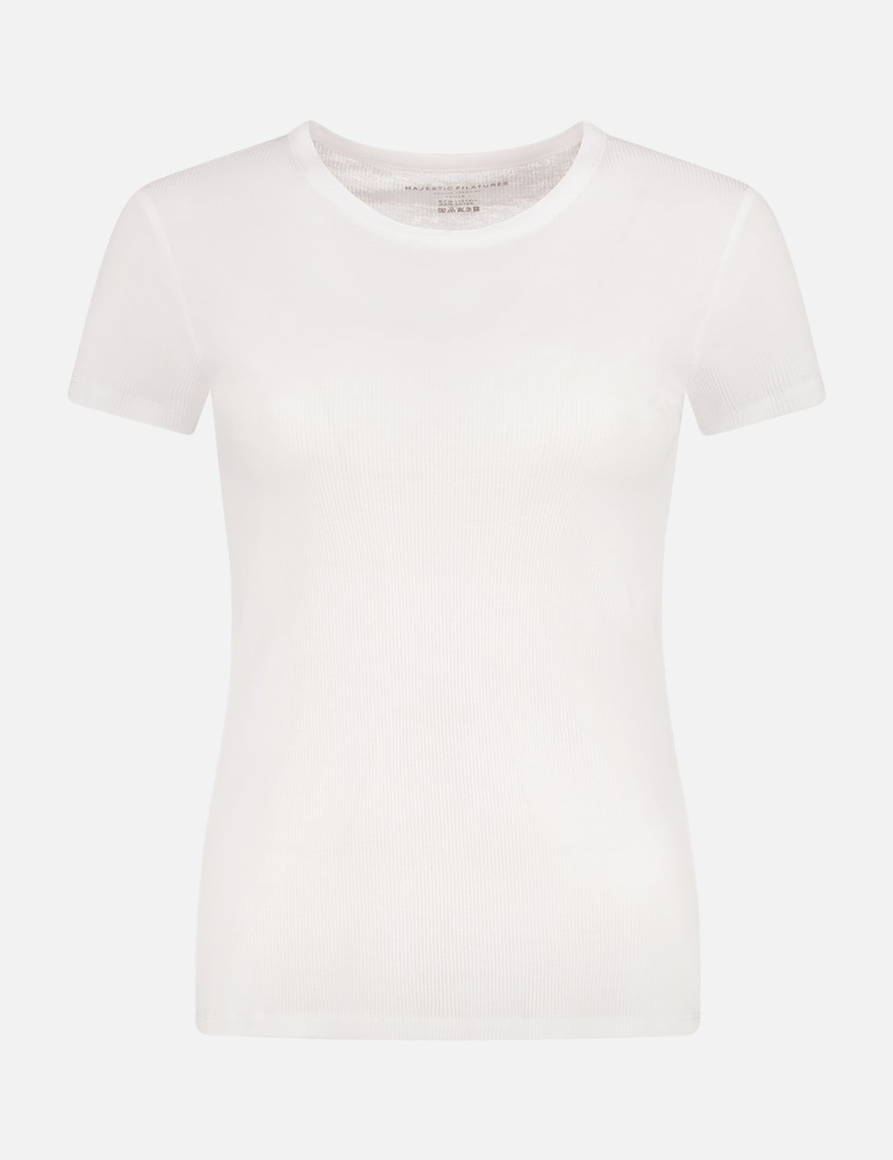 The MAJESTIC FILATURES Lyocell Cotton Baby Rib Short Sleeve Crewneck is a plain white, lightweight, fitted t-shirt with a simple design—no visible logos or patterns—ideal for effortless Parisian style. Displayed against a white background.
