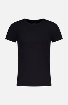 The MAJESTIC FILATURES Soft Touch Short Sleeve Crewneck T-Shirt, in plain black and made in Portugal, is displayed on a white background.