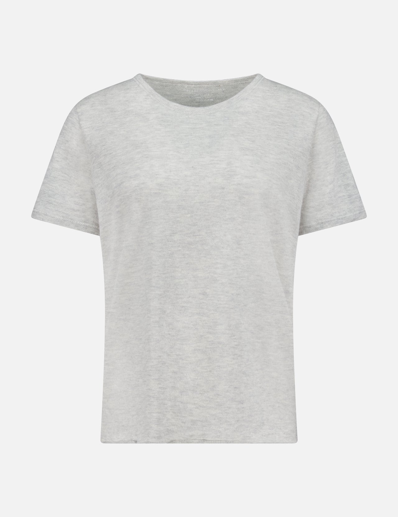 The MAJESTIC FILATURES Cashmere Short Sleeve Crewneck T-Shirt is a light gray, Italian-made top with a classic cut, shown on a white background.