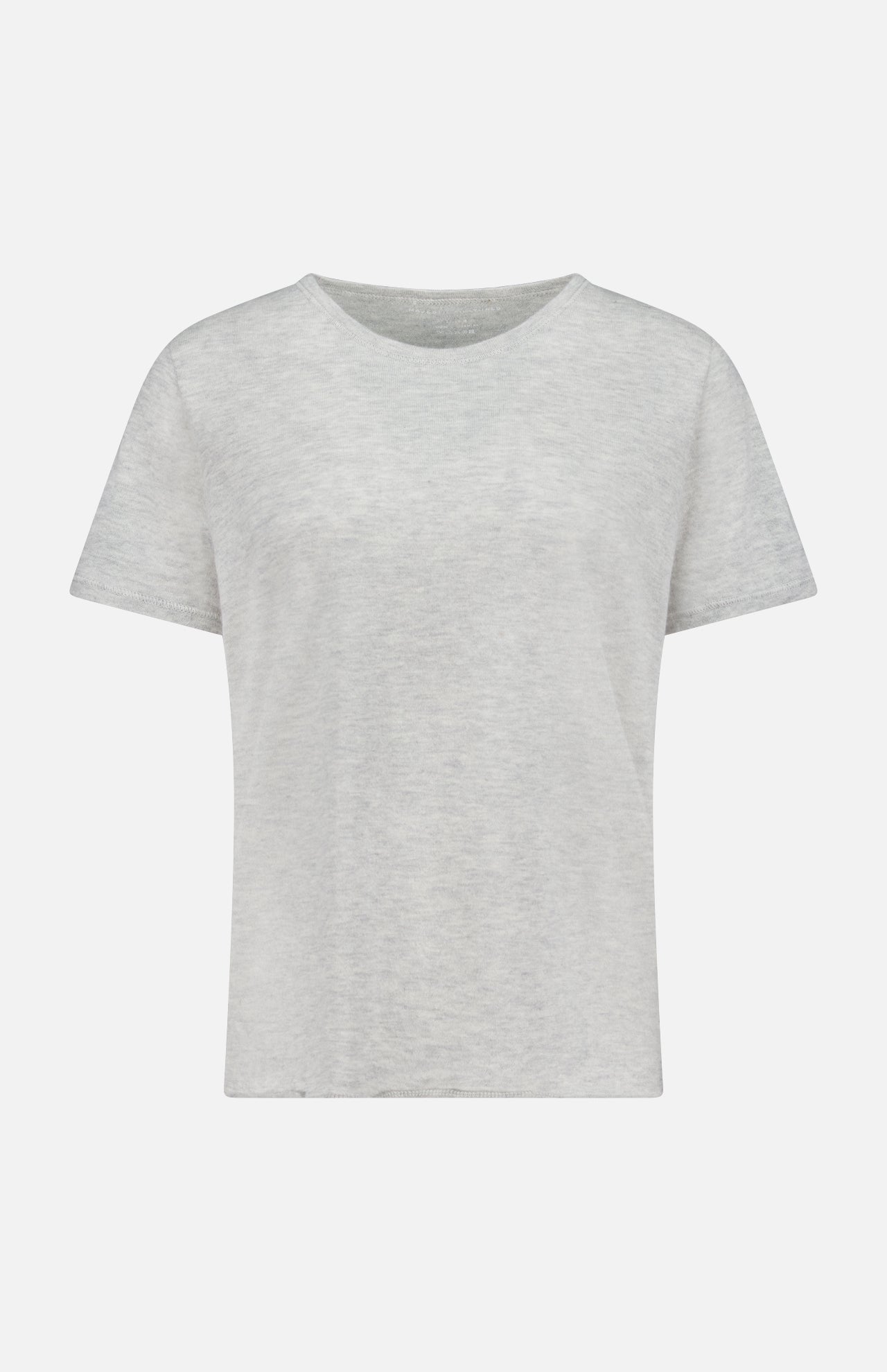 The MAJESTIC FILATURES Cashmere Short Sleeve Crewneck T-Shirt is a light gray, Italian-made top with a classic cut, shown on a white background.