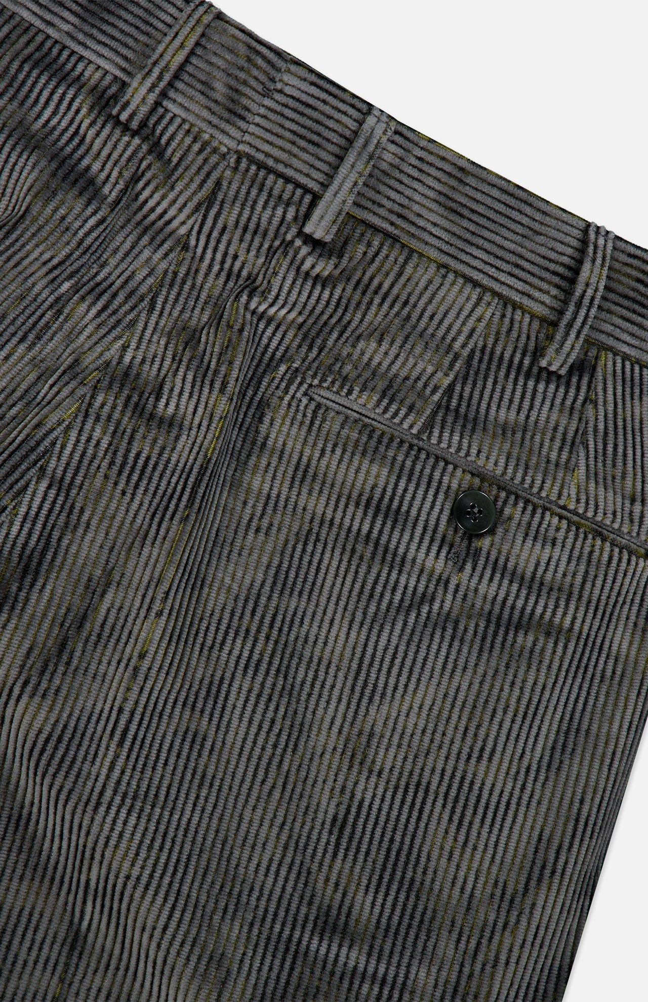 Close-up of the Malcom Cotton Corduroy Trouser Pant in gray and black stripes, made in Italy, featuring a back pocket with a button and belt loops along the waistband.