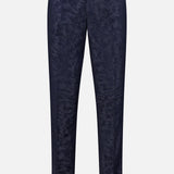 The Malcom Wool Cashmere Camo Trouser Pant features a navy blue camouflage pattern, belt loops, button closure, and straight legs. Expertly crafted in Italy, these luxury trousers are presented against a white background.