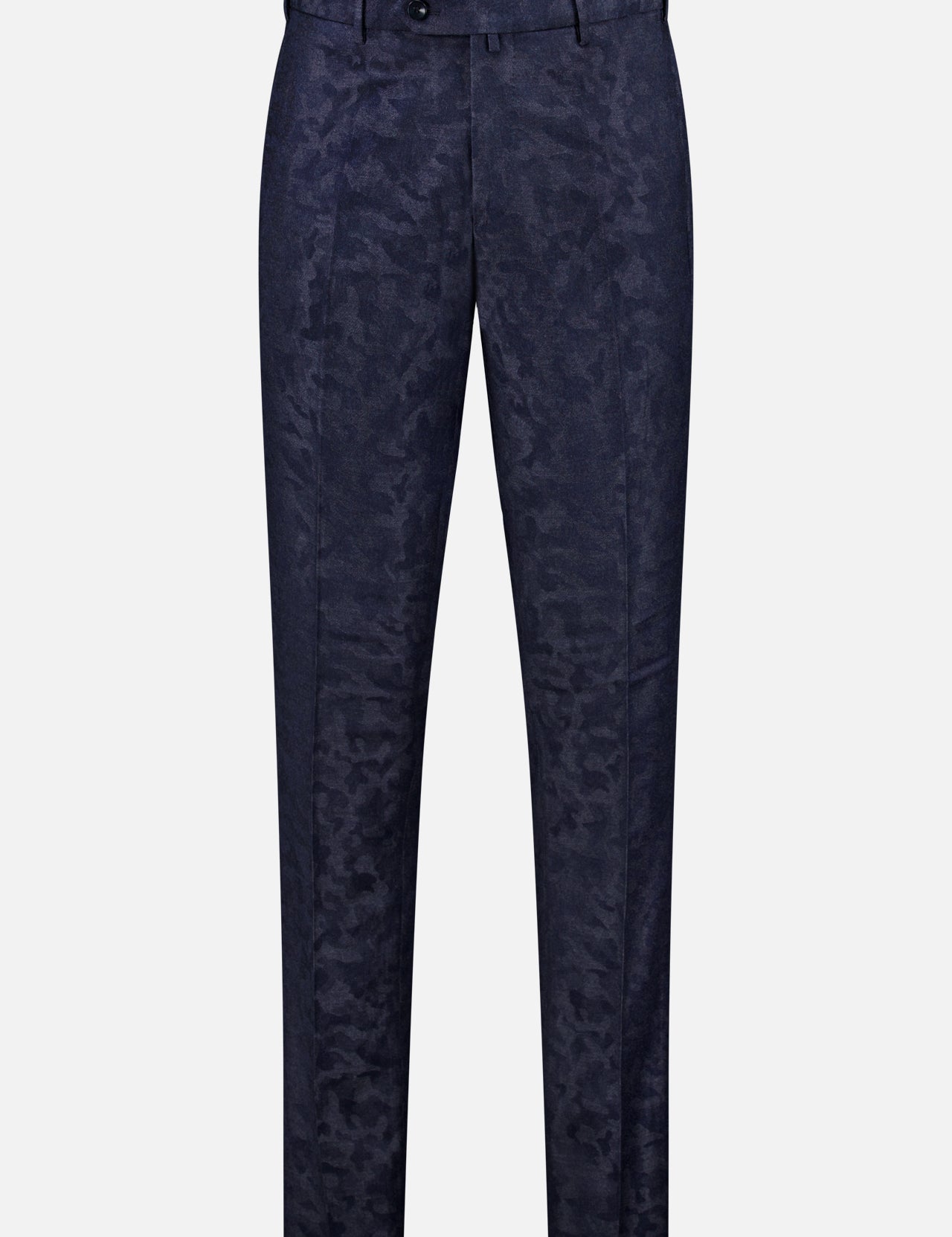 The Malcom Wool Cashmere Camo Trouser Pant features a navy blue camouflage pattern, belt loops, button closure, and straight legs. Expertly crafted in Italy, these luxury trousers are presented against a white background.