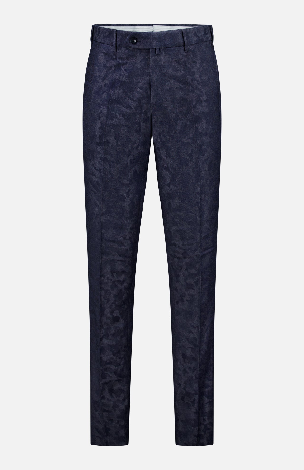 The Malcom Wool Cashmere Camo Trouser Pant features a navy blue camouflage pattern, belt loops, button closure, and straight legs. Expertly crafted in Italy, these luxury trousers are presented against a white background.