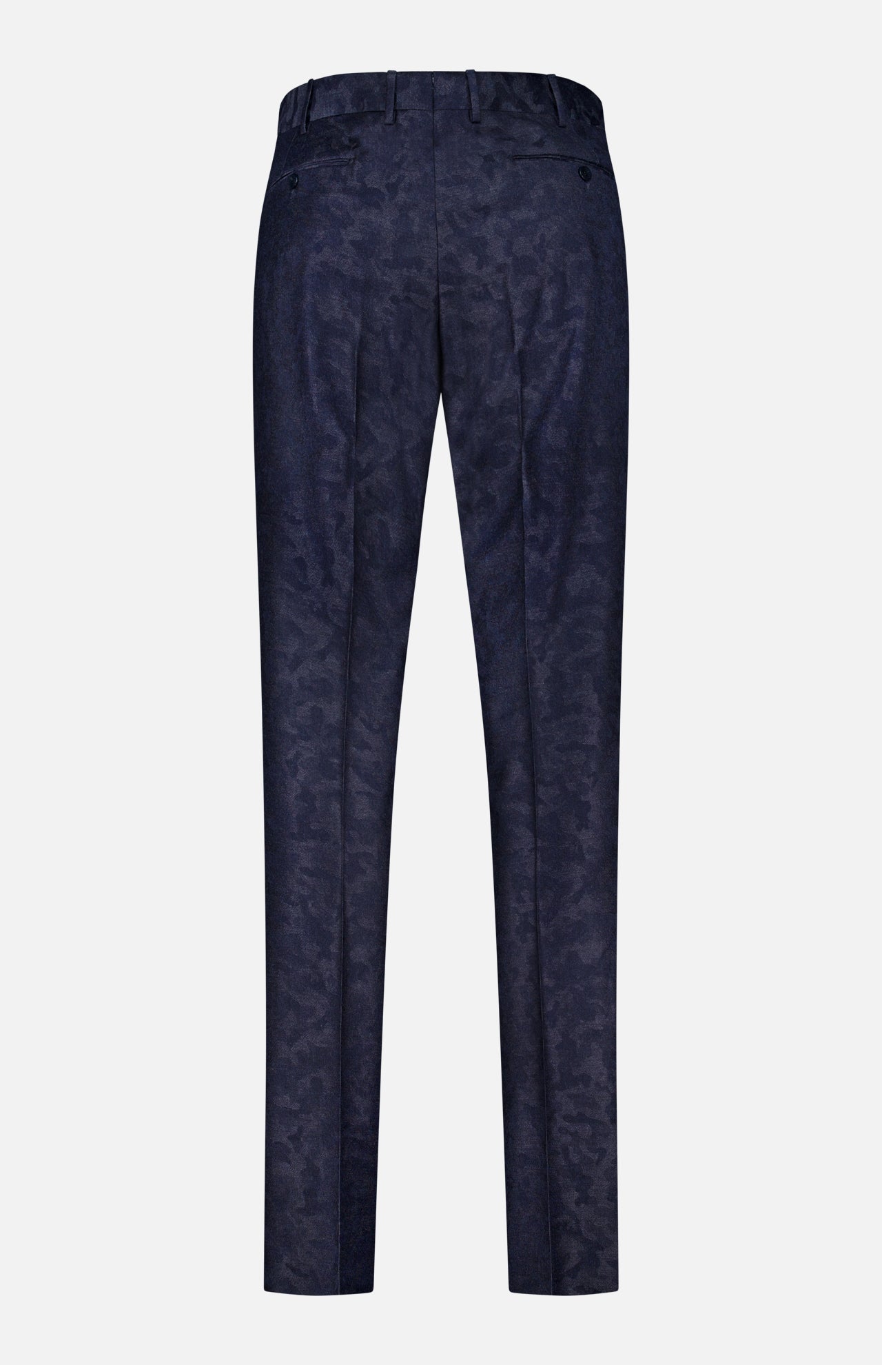 The Malcom Wool Cashmere Camo Trouser Pant is shown from the back against a plain white background. These dark blue luxury trousers feature a subtle camouflage pattern and are expertly crafted in Italy from premium wool cashmere. Designed with belt loops, two buttoned back pockets, and a refined tailored fit.