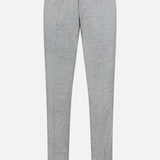 Malcom Wool Silk Donegal Trouser Pant in light grey features a button and zip closure, belt loops, and a slim fit design. Crafted in Italy from a luxurious wool-silk blend, these trousers showcase a minimalist, modern style and are displayed against a plain white background.