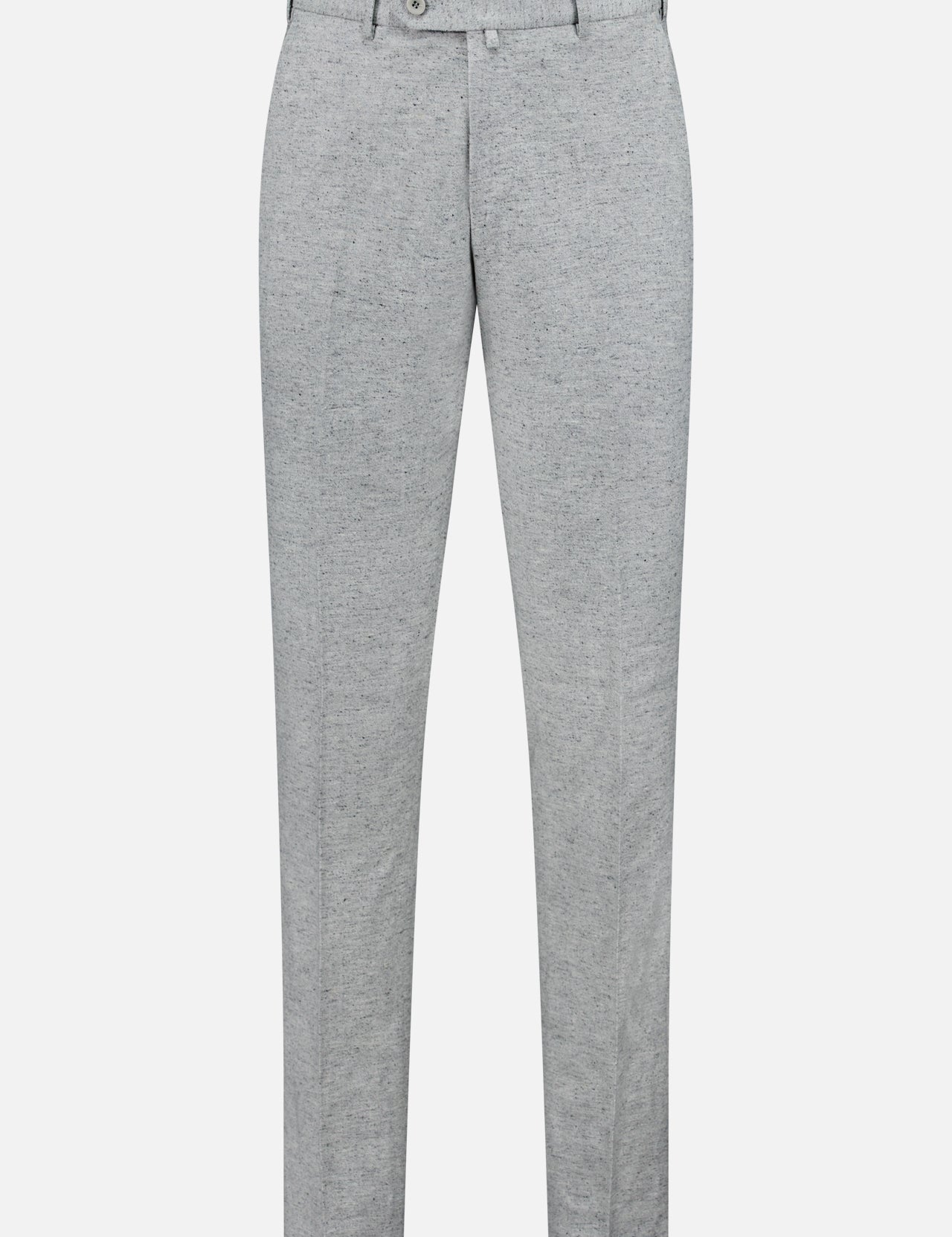 Malcom Wool Silk Donegal Trouser Pant in light grey features a button and zip closure, belt loops, and a slim fit design. Crafted in Italy from a luxurious wool-silk blend, these trousers showcase a minimalist, modern style and are displayed against a plain white background.