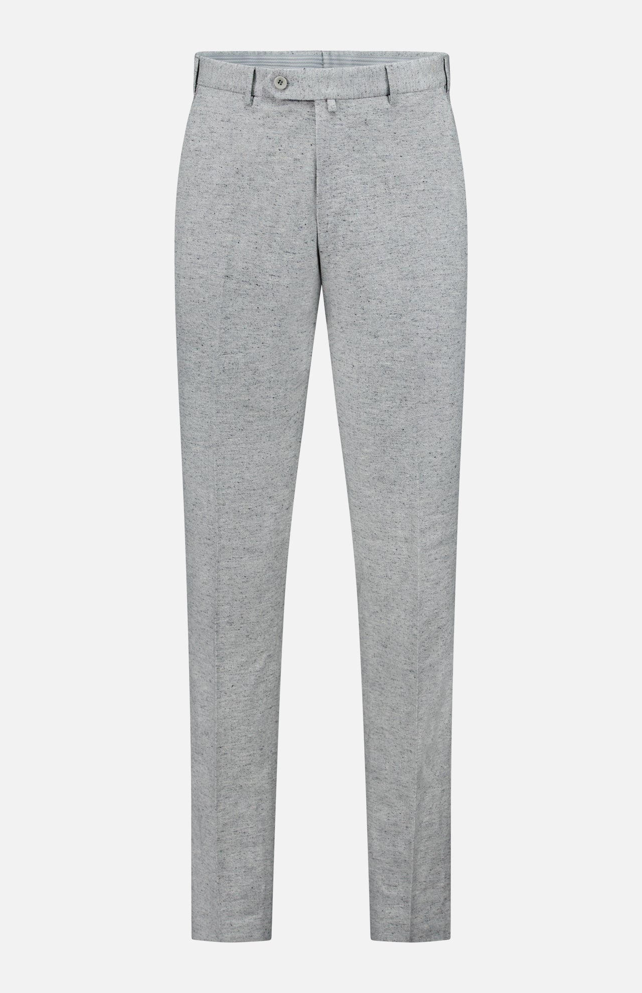 Malcom Wool Silk Donegal Trouser Pant in light grey features a button and zip closure, belt loops, and a slim fit design. Crafted in Italy from a luxurious wool-silk blend, these trousers showcase a minimalist, modern style and are displayed against a plain white background.