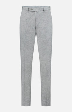 Malcom Wool Silk Donegal Trouser Pant in light grey features a button and zip closure, belt loops, and a slim fit design. Crafted in Italy from a luxurious wool-silk blend, these trousers showcase a minimalist, modern style and are displayed against a plain white background.